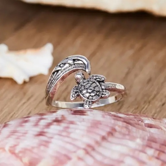 Sea Turtle and Ocean Wave Silver Tone Ring Size is Adjustable - Picture 4 of 13